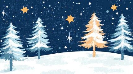 Obraz premium Winter Night Scene With Two Snowy Pine Trees and a Star in a Blue Snowy Sky
