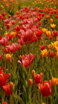 Vibrant tulips of red, yellow, and pink blooming in a lush green field during springtime.