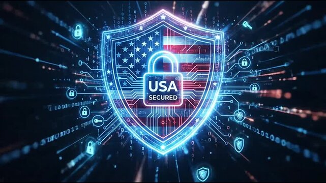 Glowing digital shield with american flag pattern and padlock icon protecting national data infrastructure in a high tech motion clip