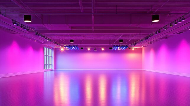 Vibrant, colorful dance studio with bright stage lights and a spacious empty room, perfect for energetic performances and creative practices.