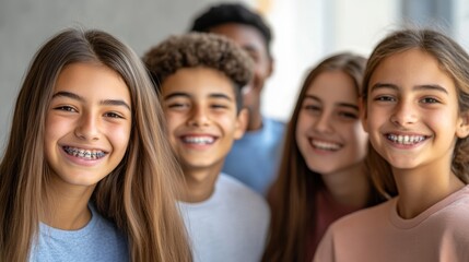 Fototapeta premium Diverse group of smiling teenage girls with braces outdoors, celebrating friendship, inclusion, confidence and modern youth identity