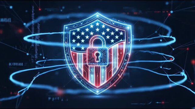 Digital security shield featuring a glowing american flag and circuit board padlock pattern in a high tech network environment
