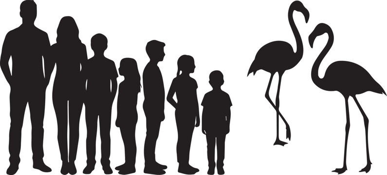 Silhouettes of a big family with children looking at two flamingos