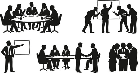 Obraz premium Professional Business Meeting and Corporate Communication Silhouette Vector Set Featuring Presentation Scenes Team Collaboration Handshakes and Executive Discussions for Office Related Graphic Designs