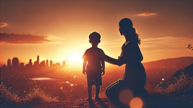 Silhouette video of a mother and child at sunset, sharing a heartfelt moment while looking toward a glowing horizon.
