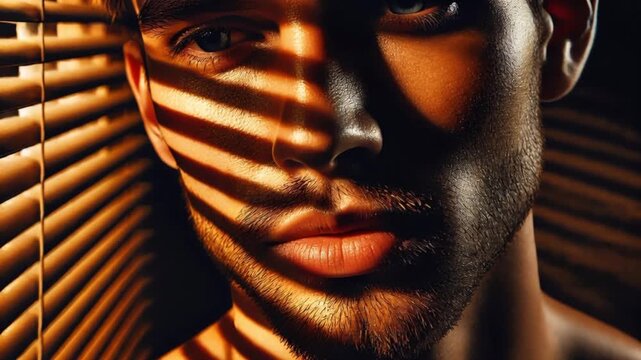 Artistic portrait video of a man illuminated by warm golden light with window blind shadows creating a dramatic cinematic atmosphere.