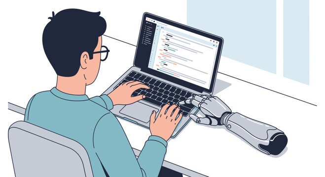 Programmer Collaborating with Artificial Intelligence Robot Arm