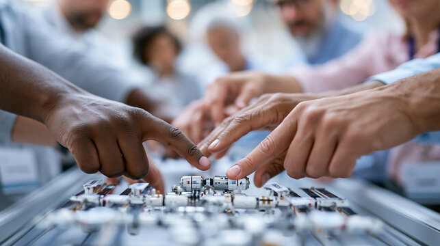 Close-up of multiple diverse faceless hands reaching in to subtly touch and examine a scale model of a commercial space station habitation module on an exhibition counter, hands ho