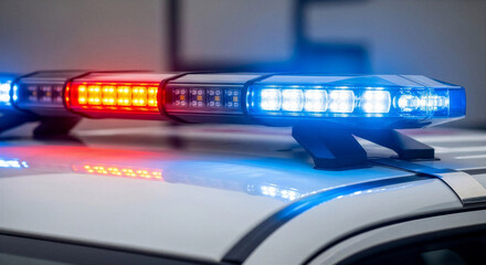 Fototapeta premium Police emergency siren lights flashing on vehicle roof at night 
