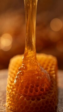 Golden honey flows onto a honeycomb in a closeup macro view with rich texture and shine.