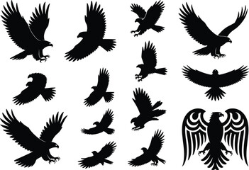 Naklejka premium Eagle bird silhouette collection with flying raptor poses and tribal emblem isolated on gray background