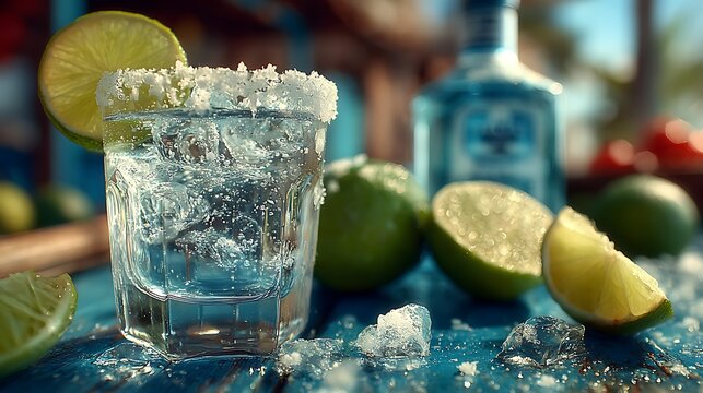 Tequila shot glass salt rim lime slice reflects light vibrant images