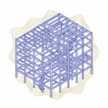 Isometric vector illustration of a multi-story building structural steel frame in blue lines on white with golden wavy accents, representing construction and architecture