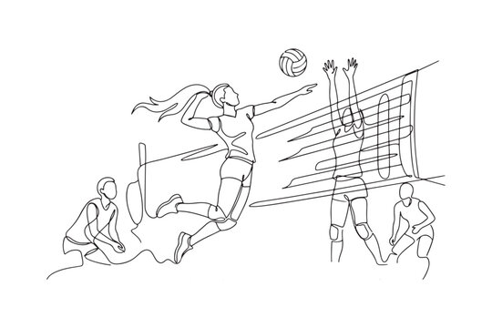 Continuous line drawing of female volleyball player spiking ball vector.