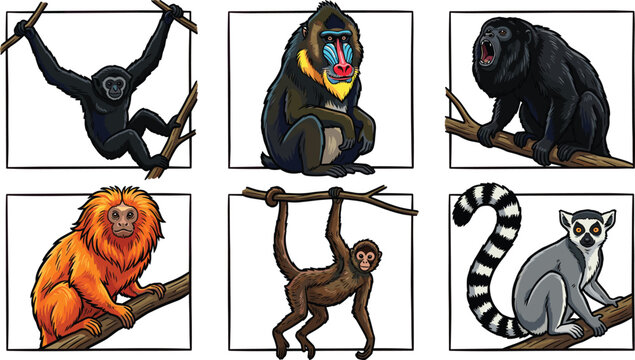 Wild Primates and Monkeys Avatar Icon Set Featuring Gibbon, Mandrill, Howler Monkey, Golden Lion Tamarin, Spider Monkey, and Ring Tailed Lemur Illustrations
