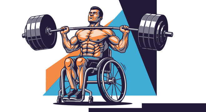 Strong Athlete in Wheelchair Lifting Heavy Barbell