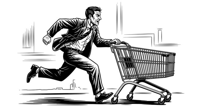 Stressed Businessman Running with Empty Shopping Cart