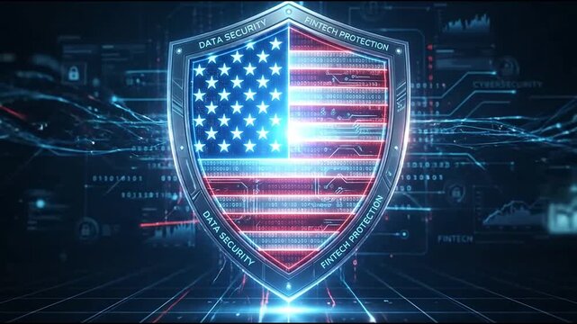 Glowing shield with american flag pattern protecting digital financial data networks in a high tech futuristic motion graphic sequence
