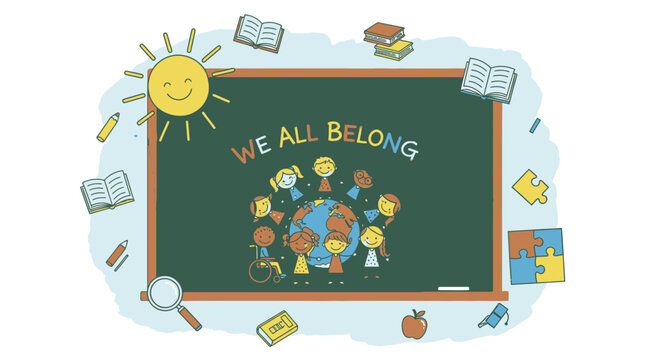 We All Belong Concept with Diverse Children Around Globe on Chalkboard