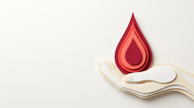 Red blood drop held by a paper cut hand on neutral background for World Blood Donor Day, health campaigns, awareness initiatives, and charity projects
