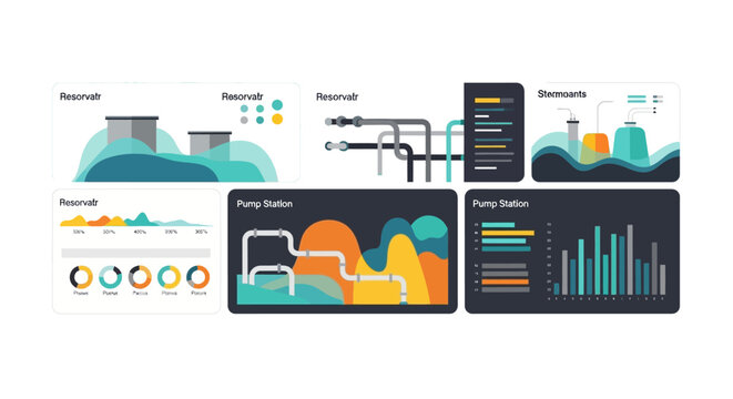 Industrial Water Management Dashboard UI Elements for Pump Station and Reservoir Monitoring