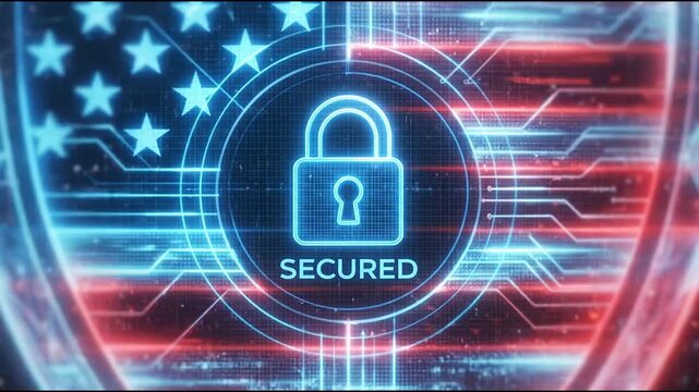 Digital shield with american flag pattern and padlock icon displaying secured status for national cyber security technology motion background