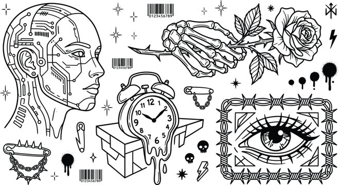 Cyberpunk surrealism tattoo flash line art set with cyborg skeleton rose melting clock and eye framed by barbed wire