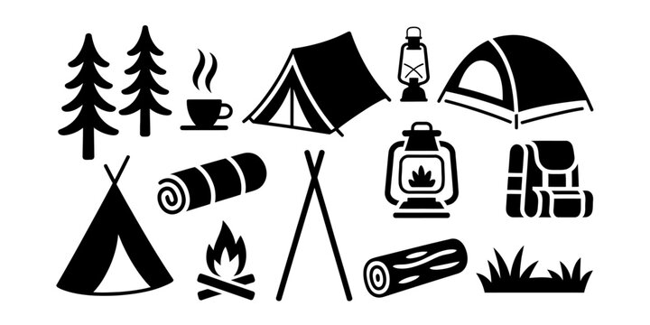 Set of black camping icons featuring tents trees bonfire lantern backpack sleeping bag and coffee cup for outdoor adventure and travel design Vector, illustration