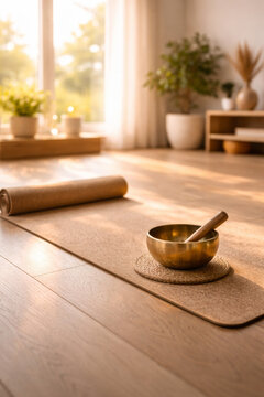 Peaceful yoga space with singing bowl and exercise mat