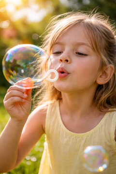 Little girl blowing bubbles in a sunlit green garden