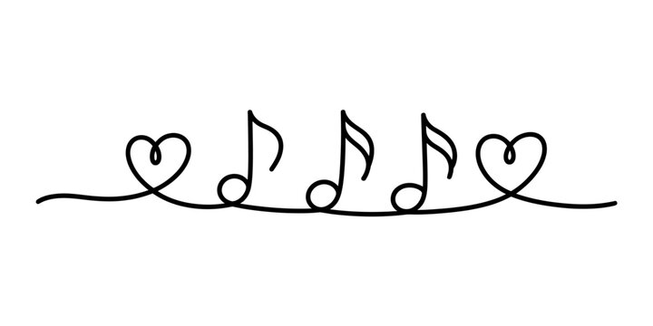 Continuous single line drawing of music notes and hearts connected in a decorative border design for romantic songs and love music concepts Vector, illustration