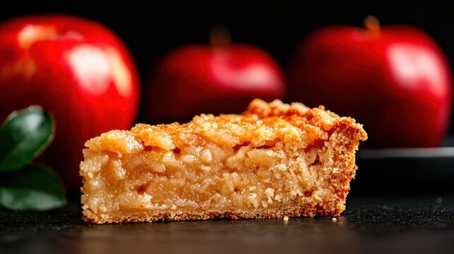 Freshly Baked Apple Pie Slice with Glazed Crust and Red Apples in Background