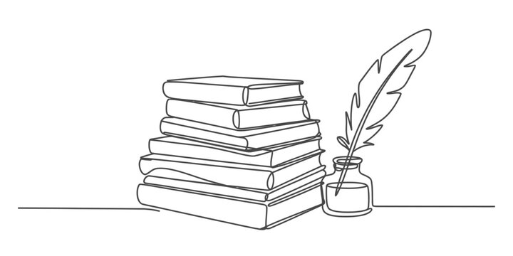 Continuous line drawing of a stack of old books with a feather quill pen and ink bottle for literature and education concepts and creative writing Vector, illustration