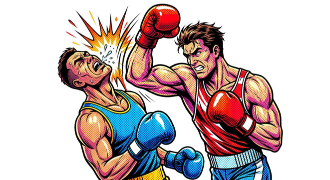 Boxer delivering uppercut to opponent during match in ring  