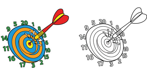 Colorful dart hitting bullseye target and black and white line art coloring page version, vector graphic © MstTabassum