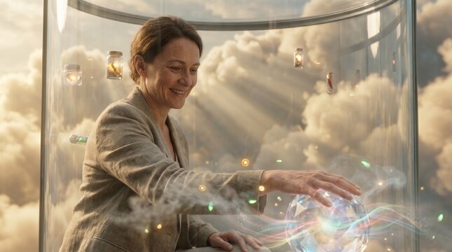 A woman with a gentle smile reaches out to touch glowing ethereal energy within a glass enclosure, bathed in soft light with clouds visible in the background