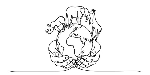 Continuous single line drawing of human hands holding the earth globe with wild animals like elephant rhino and giraffe standing on top of world Vector, illustration © Creative_Outline2019