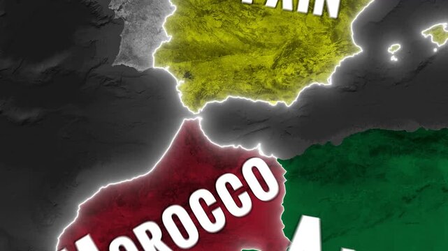 Strait of Gibraltar map animation revealing borders of Spain Morocco Algeria and 14 km distance