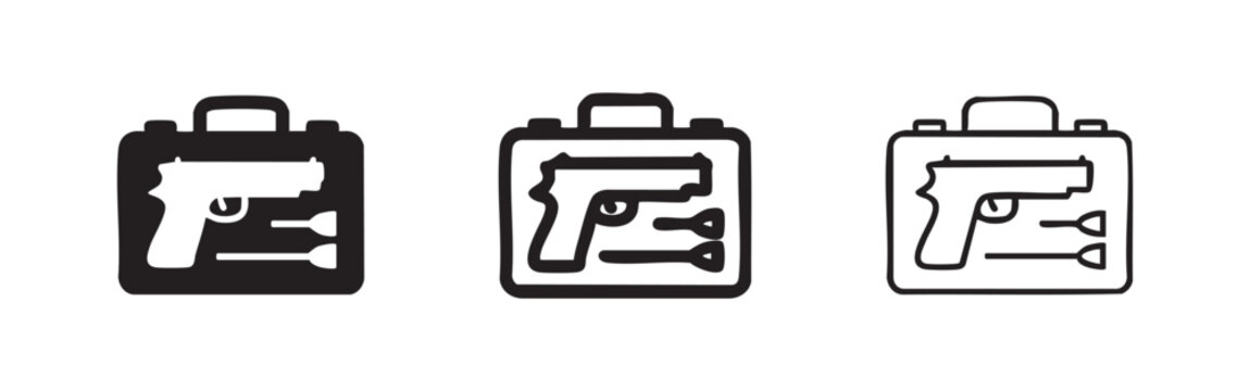 Handgun Storage Case Icons Set, Pistol Carrying Briefcase with Cleaning Tools, Firearm Security Vector
