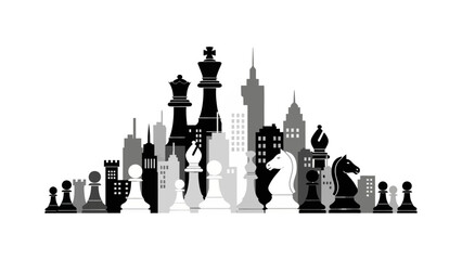 Chess pieces and city skyline integrated in a monochrome vector illustration representing business strategy and urban development © Iqbal