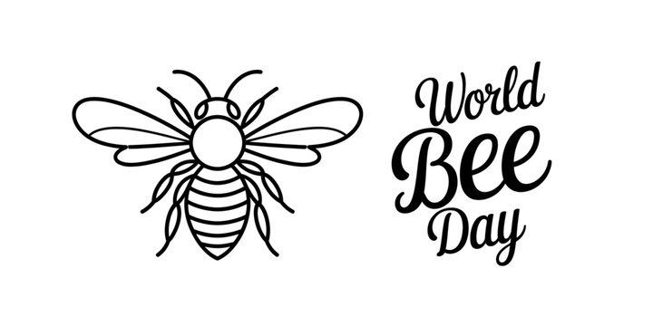 Simple line art drawing of a bee with the text world bee day for a celebration poster or environmental awareness event design project Vector, illustration