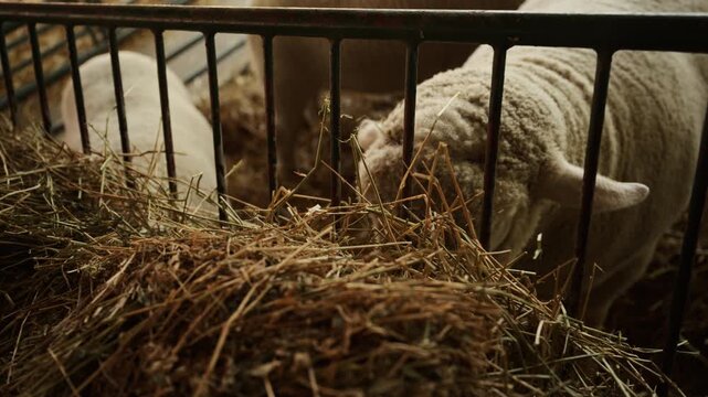 Sheep feeding on hay behind metal gate in rustic barn farm livestock scene, 4K