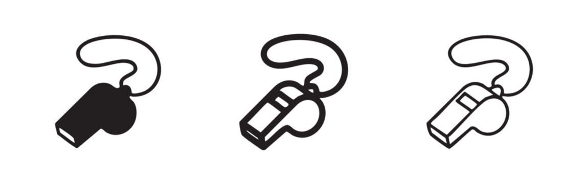 Whistle icon set with lanyard for sports, refereeing, and emergency signaling.