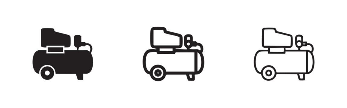 Air compressor icon set for workshop and industrial use, representing tools and machinery.