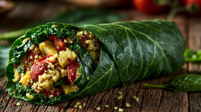 Medium shot of a vibrant collard green leaf wrap filled with quinoa and roasted vegetables on a rustic wooden table soft moody lighting highlights the fresh textures in focus.