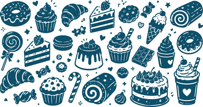 Cute seamless pattern with  and sweet birthday cupcakes, chocolate muffins, and bakery desserts in a pink cartoon vector illustration set