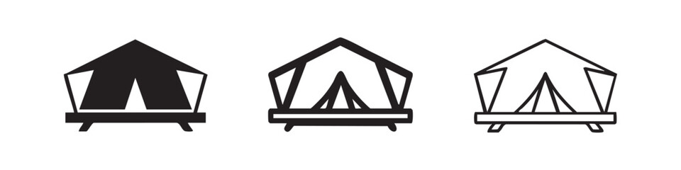 Camping tent icon set for outdoor adventure, in solid, outline, and line art styles. © liubomir118809