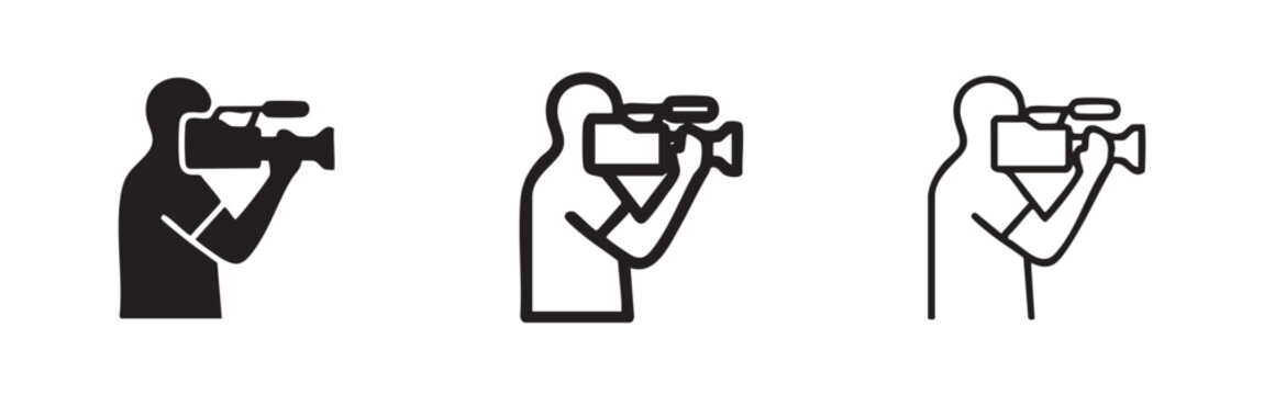Videographer or Cameraman Icon Set in Solid and Outline Styles