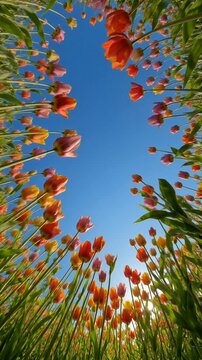 Captivating view of a vibrant tulip field under a clear blue sky, celebrating nature's beauty in spring.