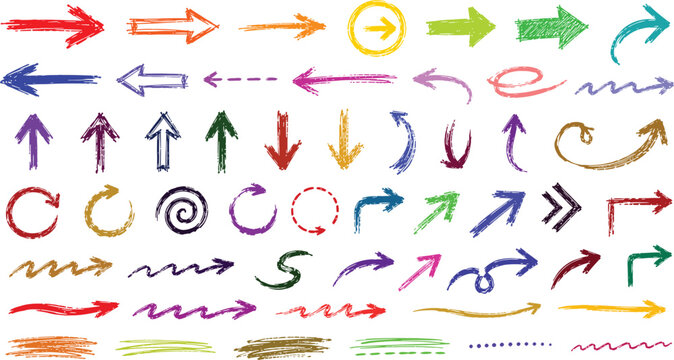 Hand drawn arrows and a set of arrows complement a hand drawn alphabet vector illustration, featuring a sketch collection of circle design icons and font elements for business web signs